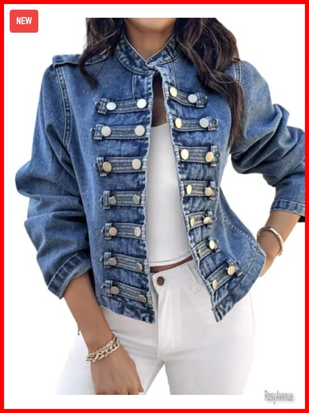 Women's Military Denim Jacket Long Sleeve Stand Collar Double Breasted Button